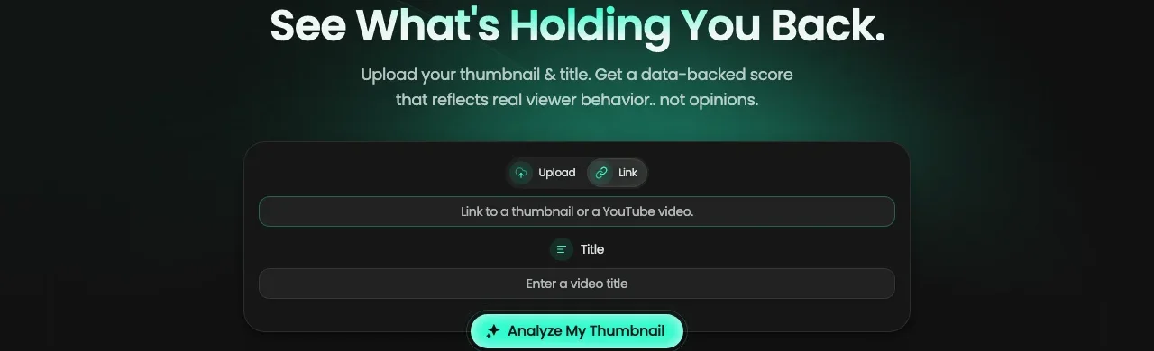 Pikzels' Analyze page, where a thumbnail and title are uploaded to get a score before publishing
