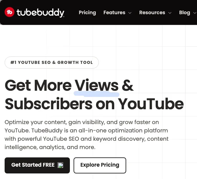 TubeBuddy's homepage, pitching an all-in-one YouTube SEO, keyword and analytics platform