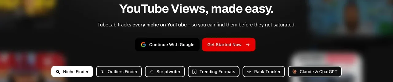 TubeLab's homepage, with tabs for Niche Finder, Outliers Finder, Scriptwriter, Trending Formats and Rank Tracker