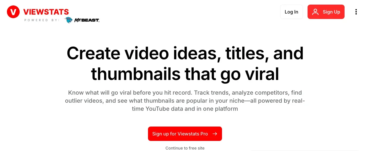 ViewStats' homepage, with its pitch to create video ideas, titles and thumbnails that go viral