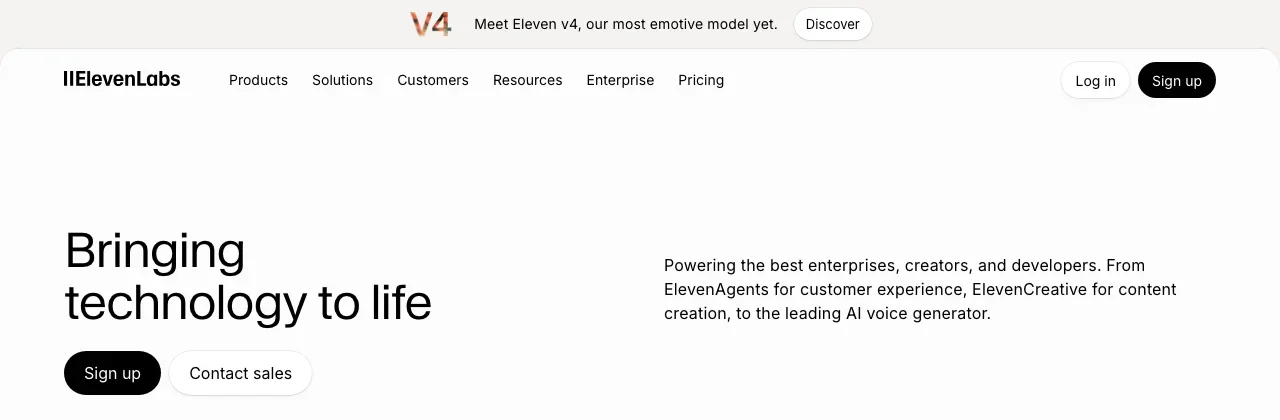 ElevenLabs' homepage with its sign-up and its ElevenCreative, ElevenAgents and ElevenAPI products