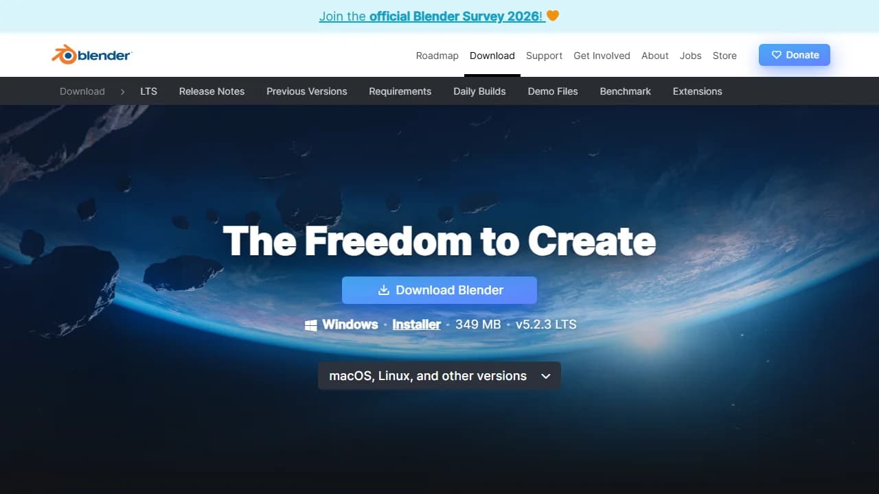 Blender's download page offering Blender 5.2.3 LTS