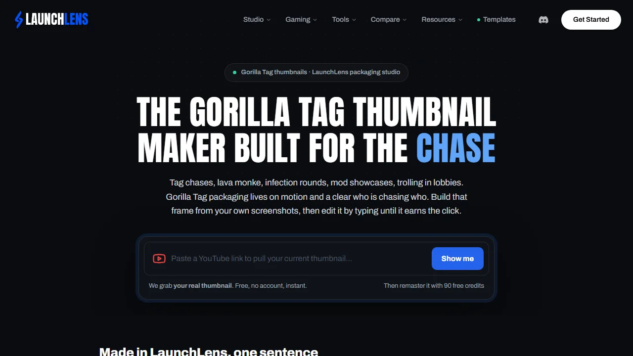 LaunchLens's Gorilla Tag page, headed The Gorilla Tag thumbnail maker built for the chase