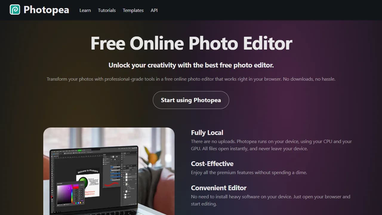 Photopea's homepage, headed Free Online Photo Editor, with a laptop running the editor