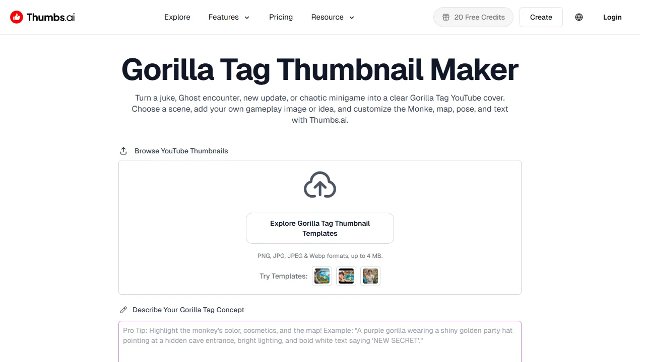 Thumbs.ai's Gorilla Tag thumbnail page, with a prompt box and Gorilla Tag templates