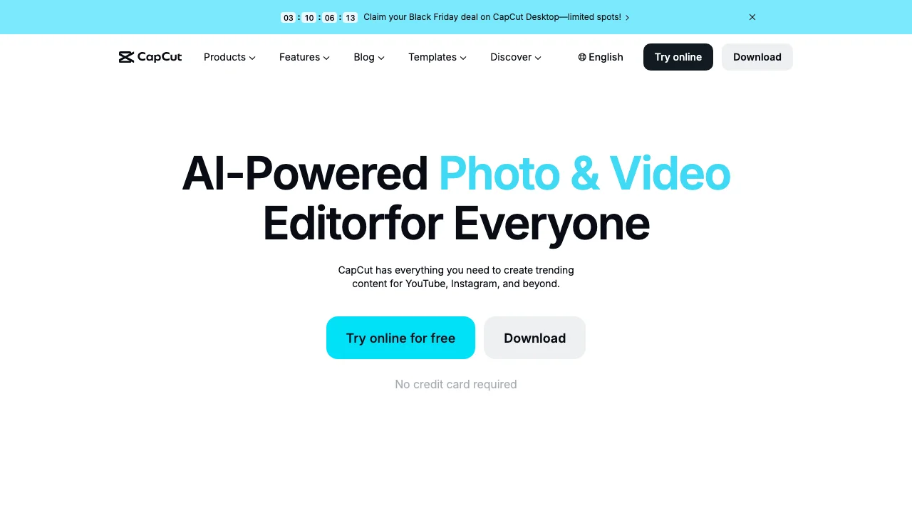 CapCut's homepage presenting its AI photo and video editor, with an online version and a download