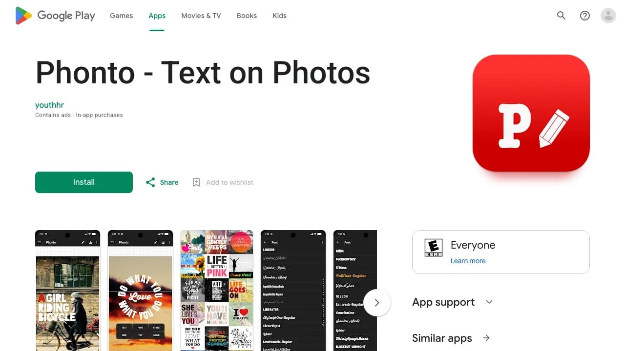 Phonto's Google Play listing, a text-on-photos app with ads and in-app purchases, on Android and iPhone