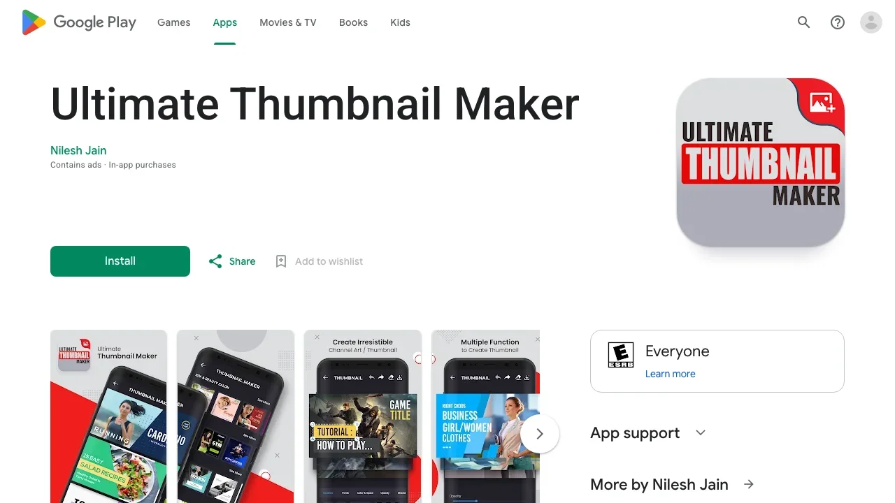 Ultimate Thumbnail Maker's Google Play listing, a free Android app with ads and thumbnail templates