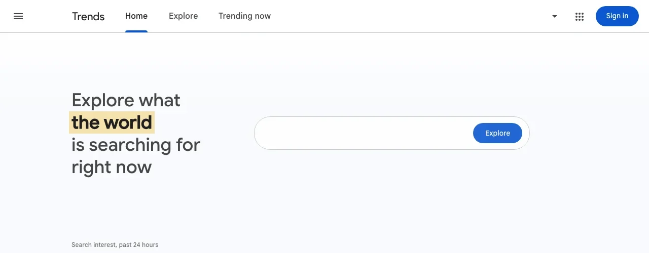 Google Trends' home page with its explore box, where a YouTube Search filter narrows the data to YouTube