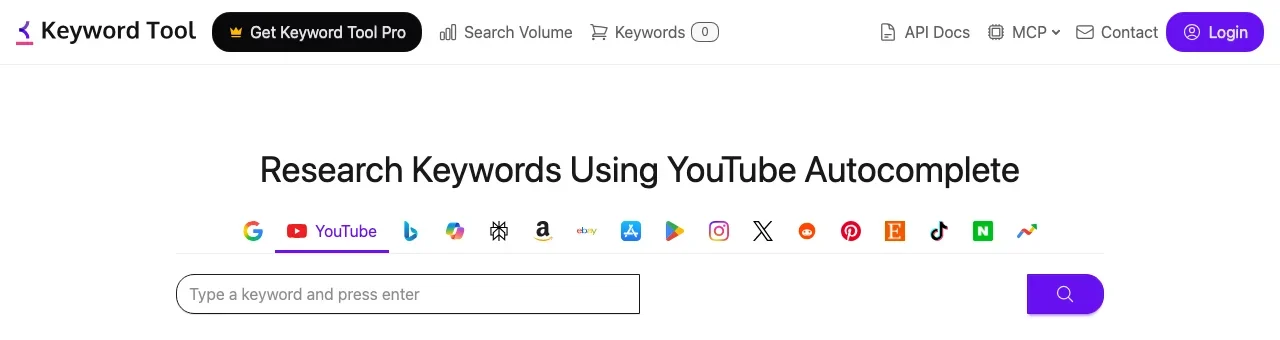 Keyword Tool's YouTube page: research keywords using YouTube autocomplete, with a search box and 17 platform icons