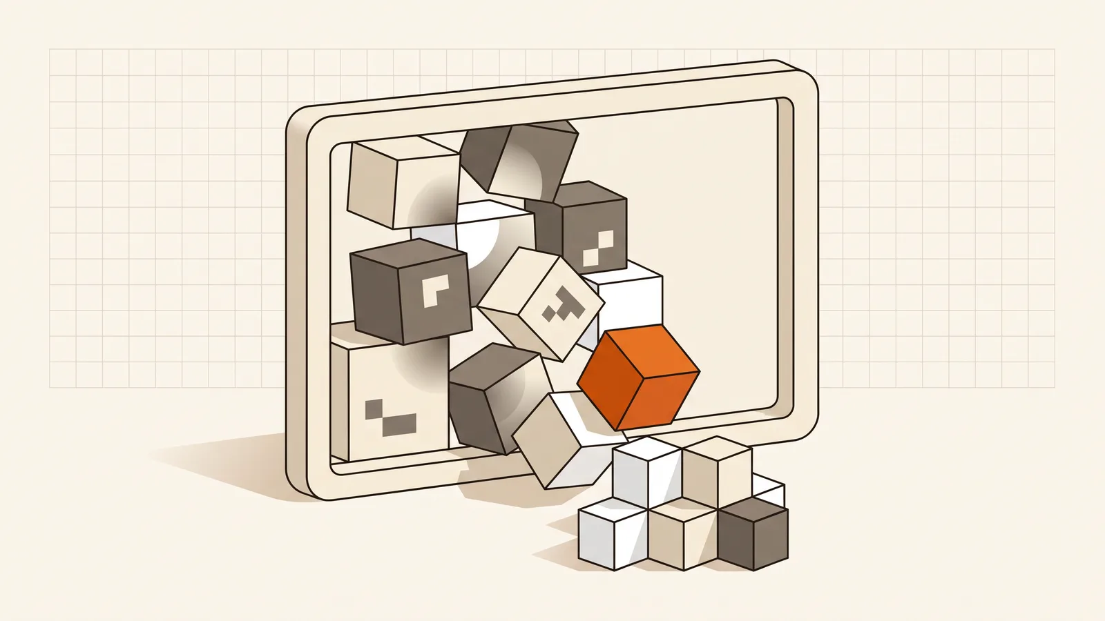 Voxel cubes tumble out of a 16:9 picture frame, one orange cube among them, small cubes stacked like steps