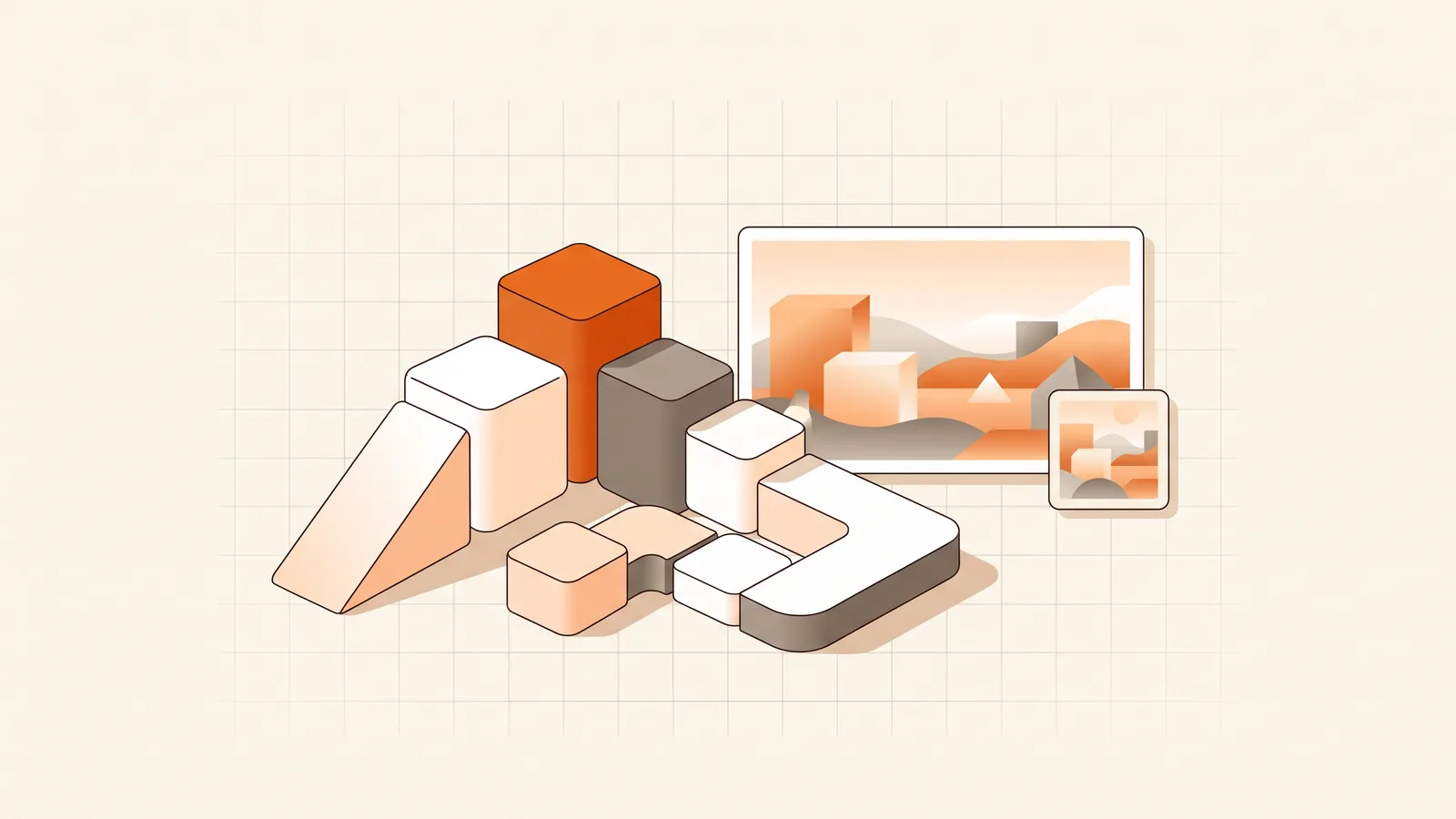 Toy-block platforms beside a 16:9 card of a blocky world and a small square game-page tile
