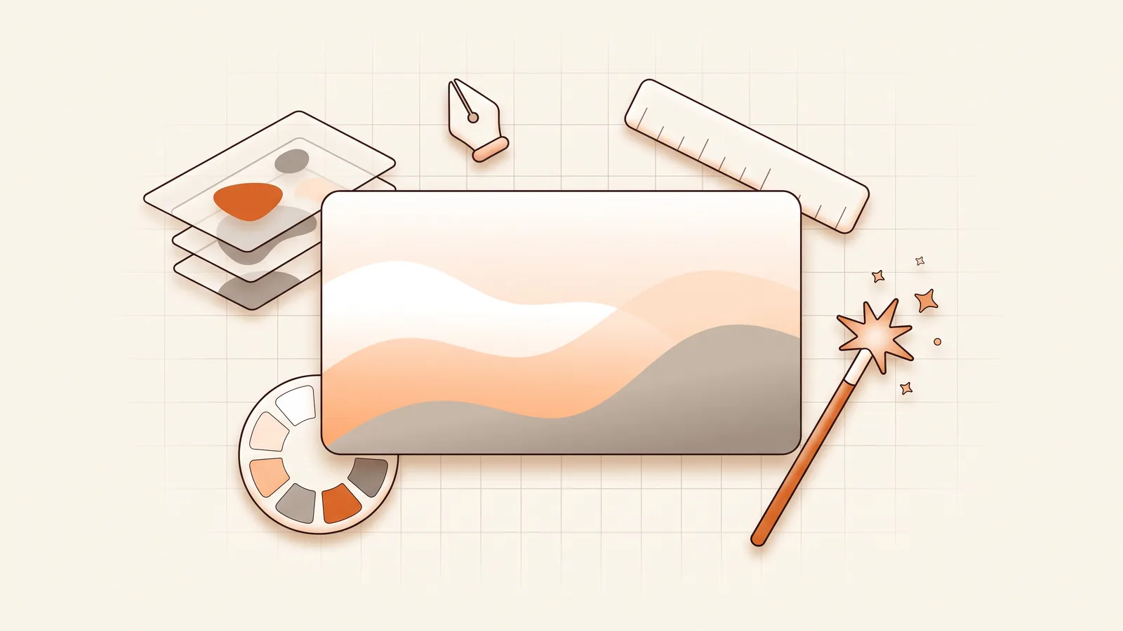 A 16:9 canvas surrounded by layers, a colour palette, a pen nib, a ruler and an orange magic wand