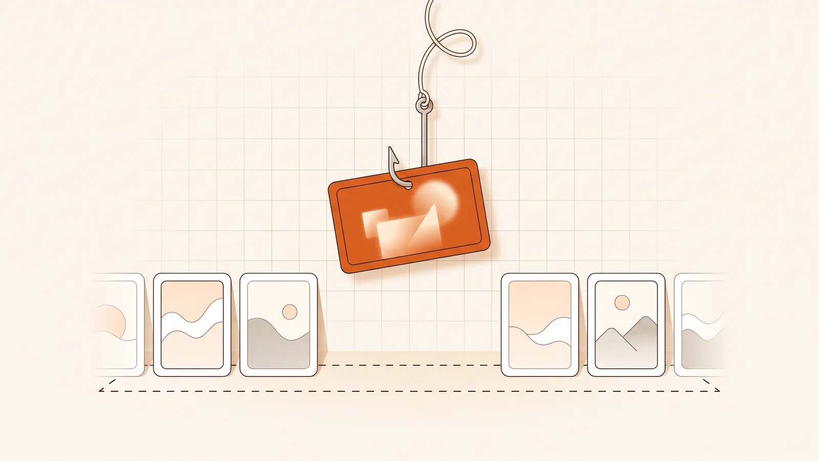 A fishing hook dangles an orange picture card as bait over a row of calm cards behind a dashed line