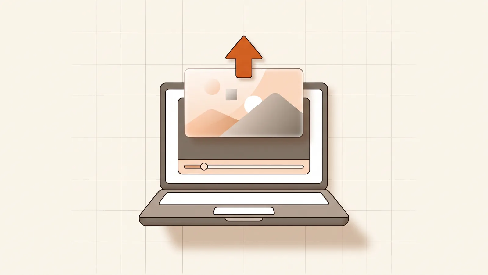 A 16:9 picture sliding into a video player on a laptop under an orange upload arrow