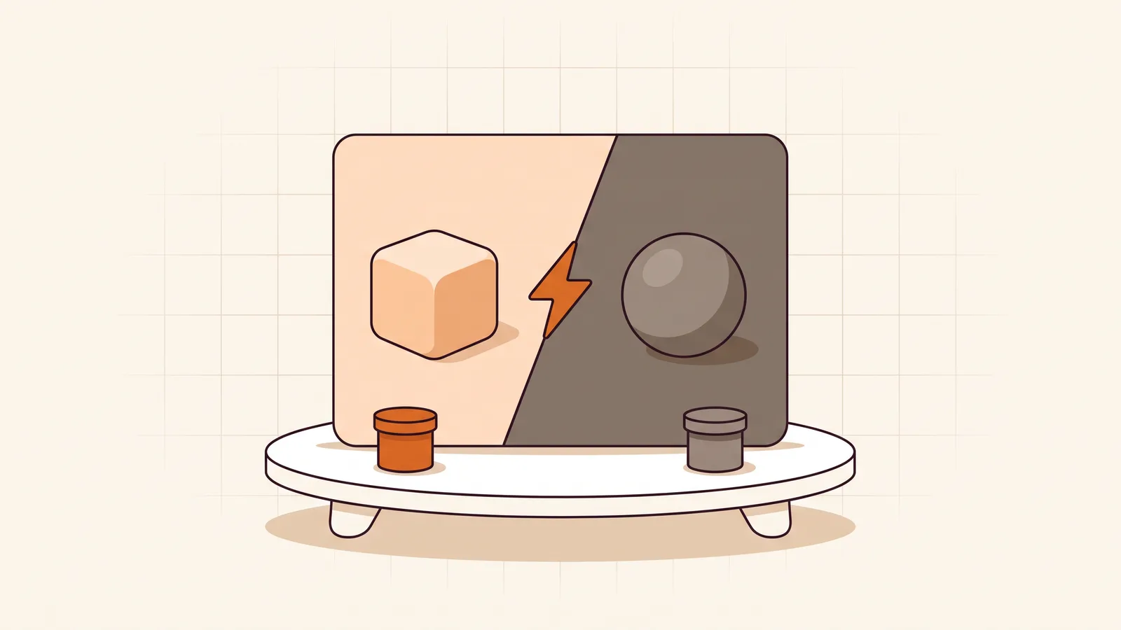 A card split by one sharp diagonal line, a cube on the orange half facing a sphere on the grey half, a bolt on the seam