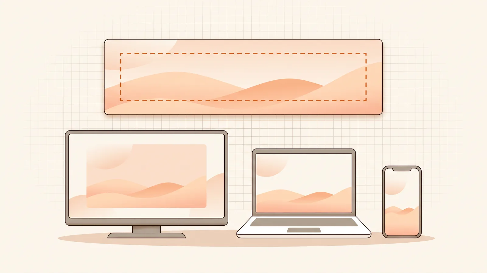 A wide channel banner above a TV, a laptop and a phone, its middle band outlined in orange