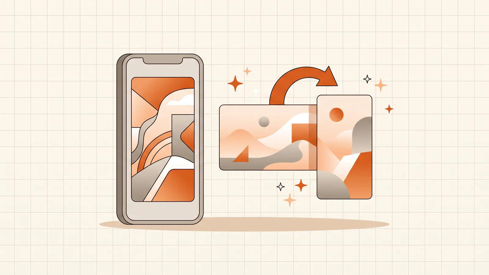 A phone showing a vertical cover, and a wide card rotating into a tall 9:16 one along an orange arrow