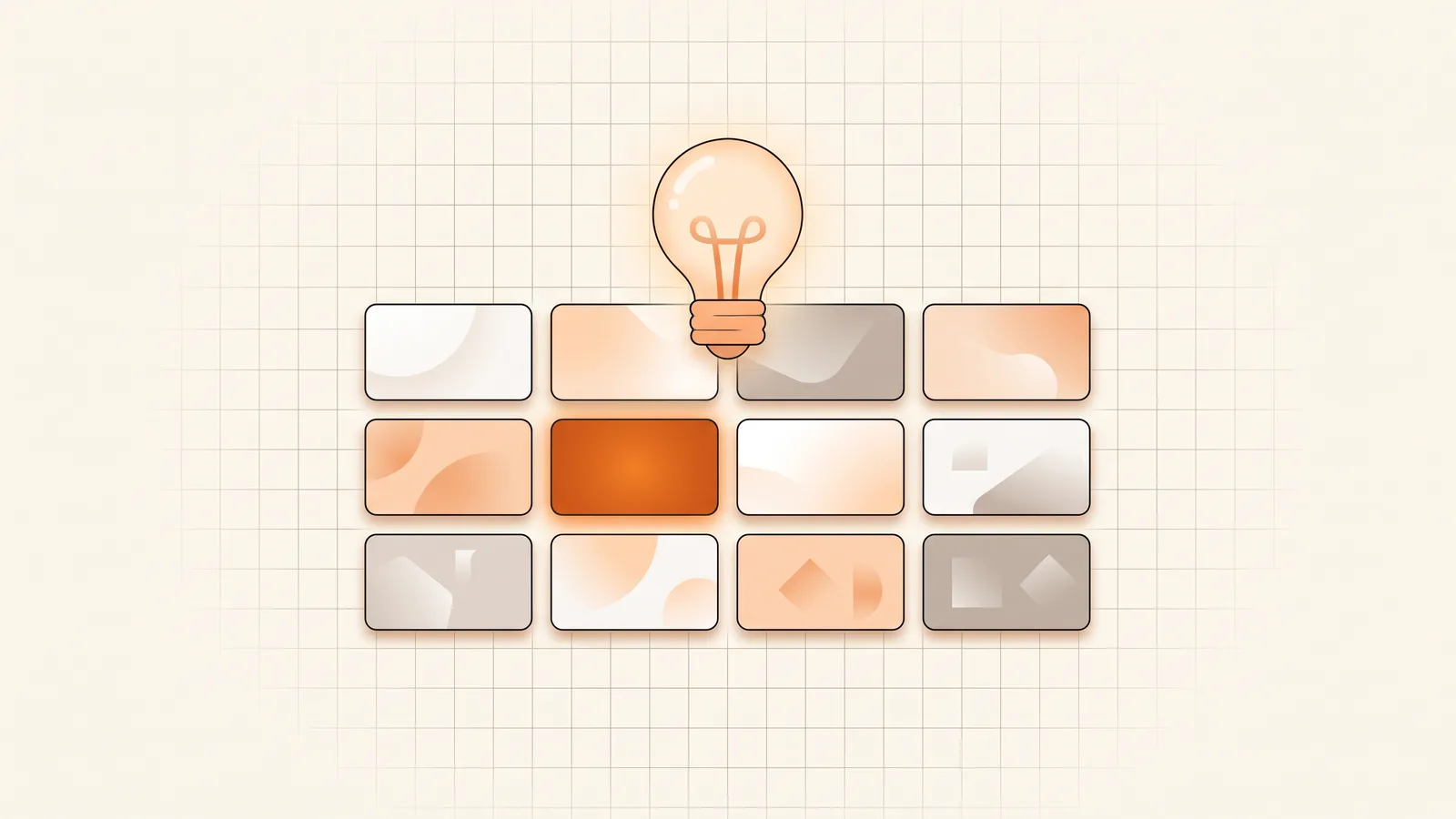 A lightbulb glows above a grid of twelve picture cards, lighting the orange one in the middle