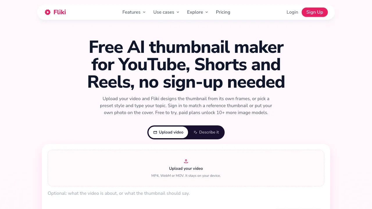 Fliki's free AI thumbnail maker, offering to upload a video or describe the thumbnail, with no sign-up needed