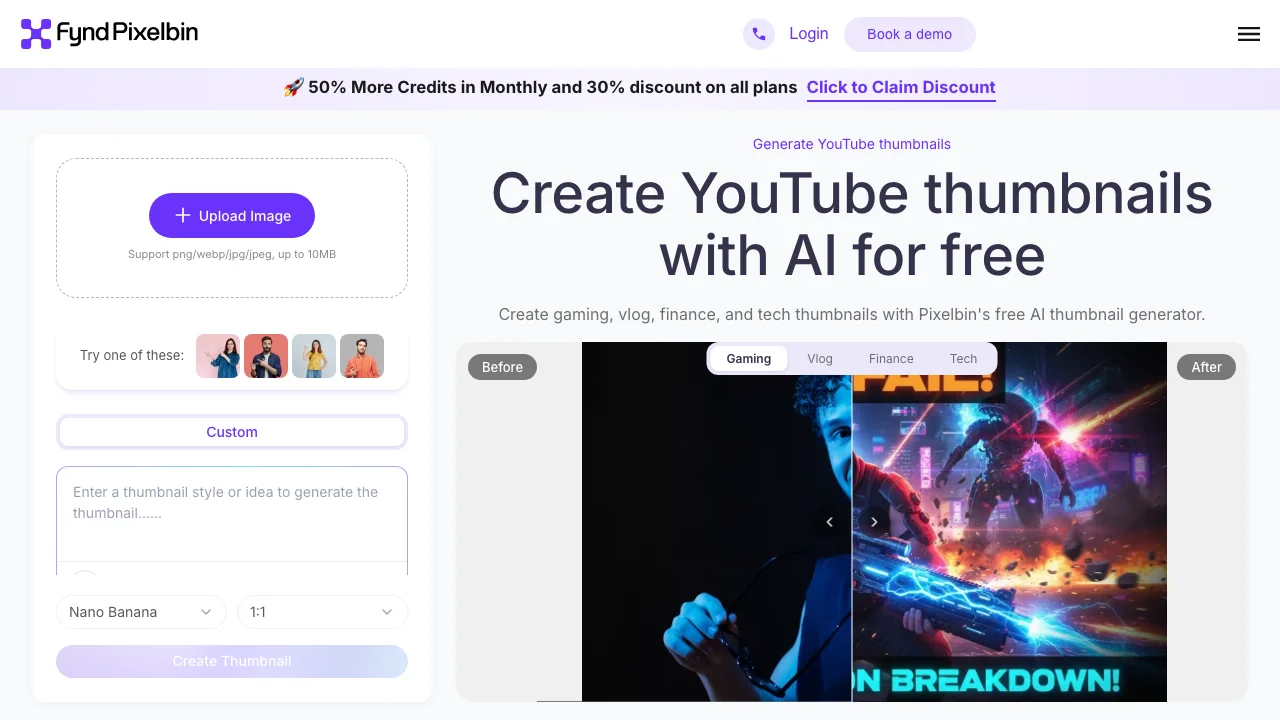 Pixelbin's AI YouTube thumbnail generator, with an image upload, a prompt box and model and ratio pickers