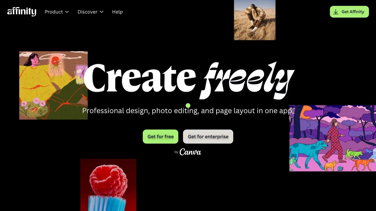 Affinity's homepage offering a free app for professional design, photo editing and page layout, by Canva