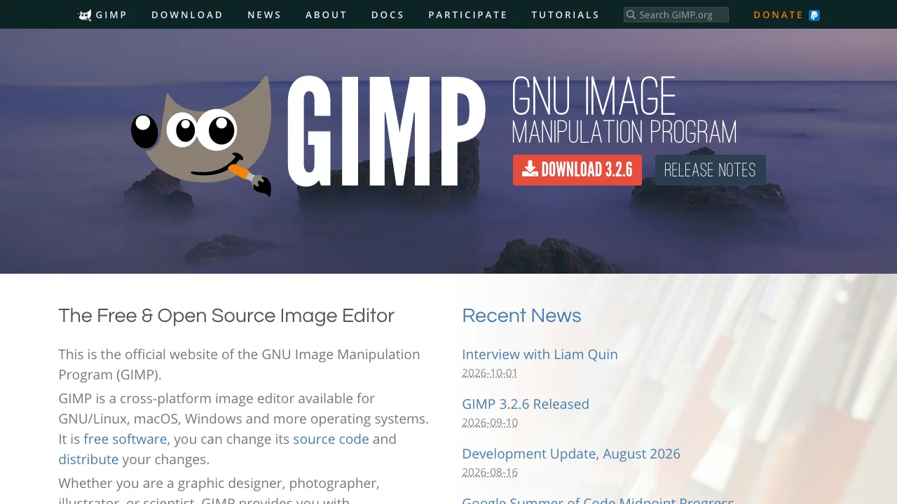 GIMP's homepage, the free and open source image editor, with the download button for version 3.2.6