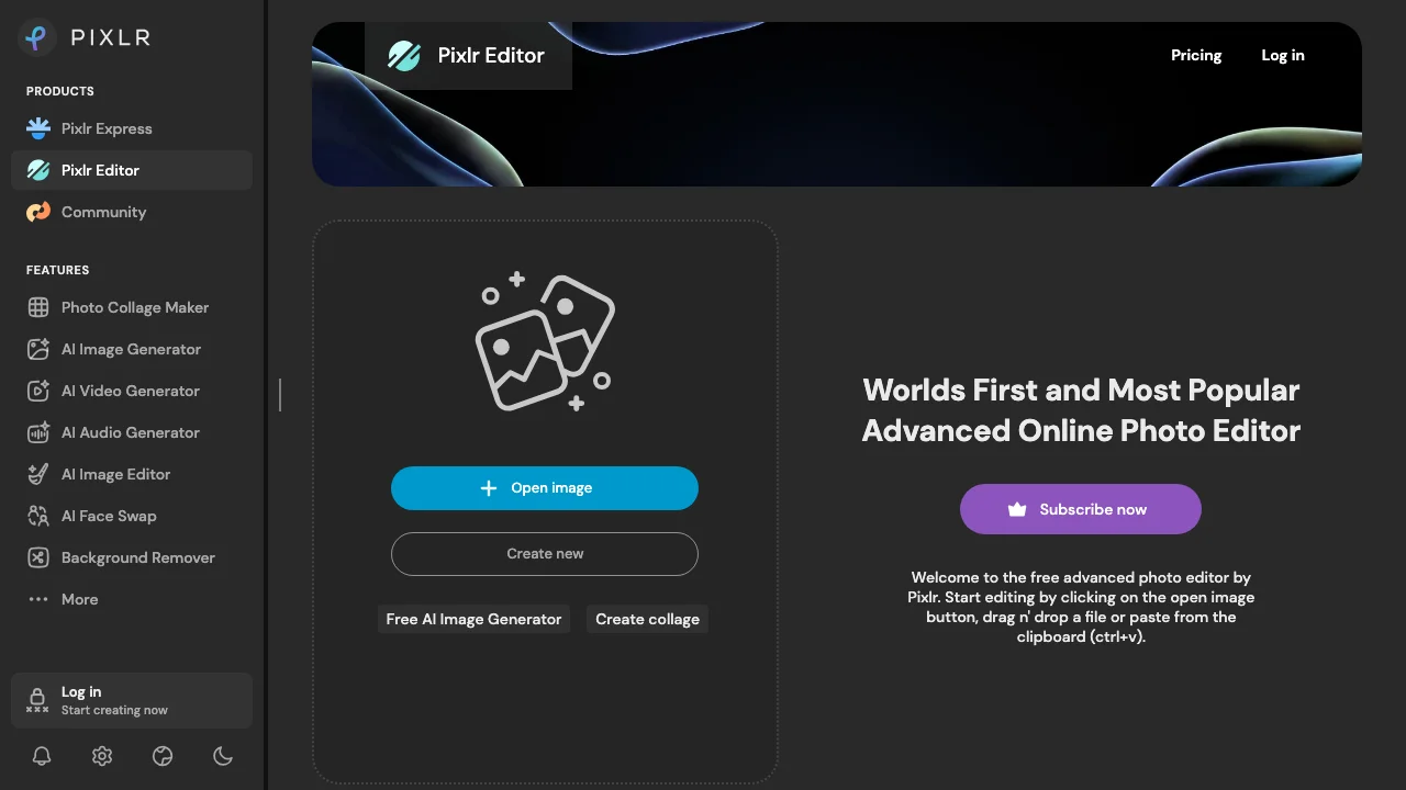 Pixlr Editor's start screen, an advanced online photo editor where you open an image or create a new one