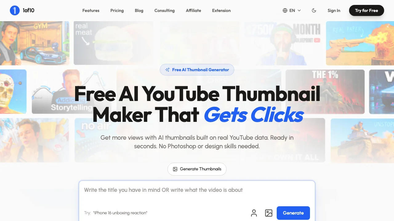 1of10's AI YouTube thumbnail maker, with a box for the title you have in mind and buttons to add a face or an image