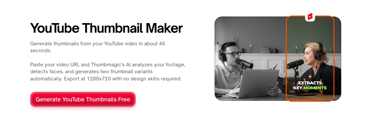 Thumbmagic's YouTube thumbnail maker page, which builds two variants from a pasted video URL and exports at 1280x720