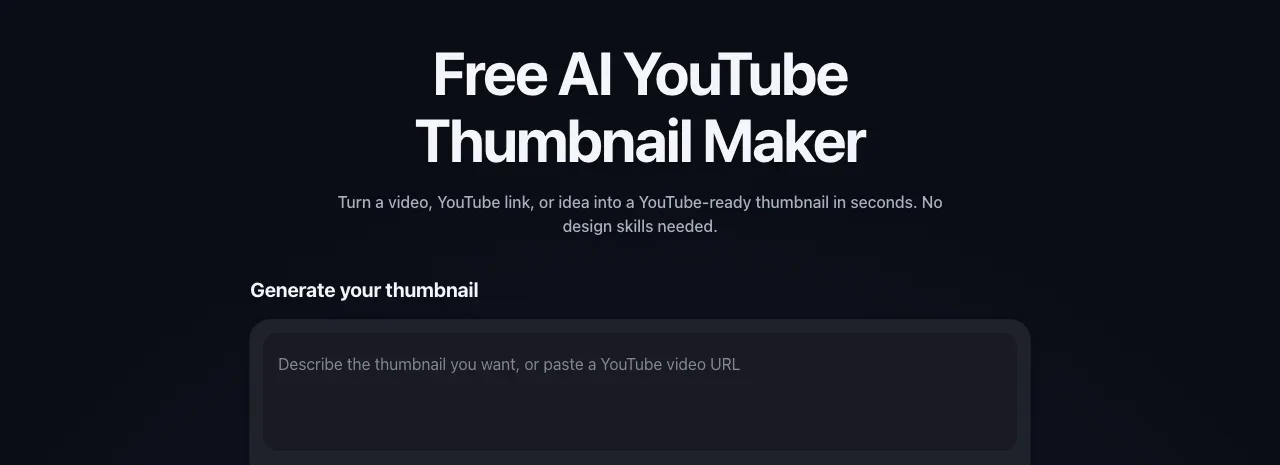vidIQ's free AI YouTube thumbnail maker, with a box that takes a description or a YouTube video URL
