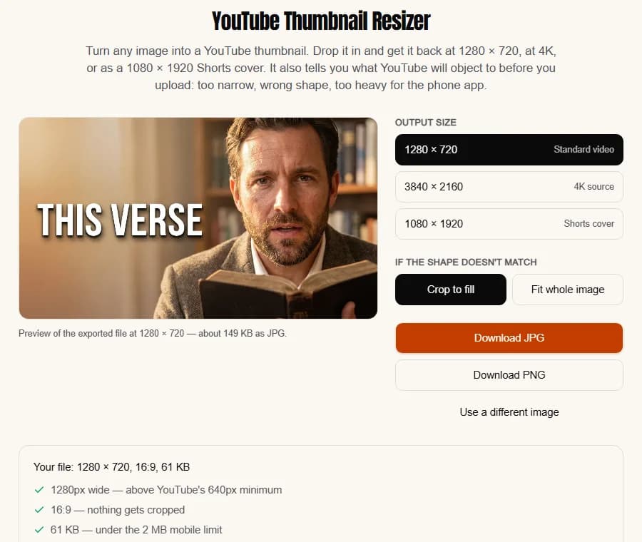 The free YouTube thumbnail resizer exporting an image at 1280 by 720, with width, shape and file-size checks