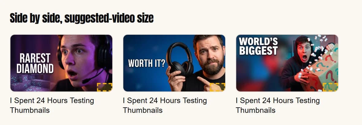 Three AI-generated thumbnails side by side at suggested-video size, each with the badge corner marked