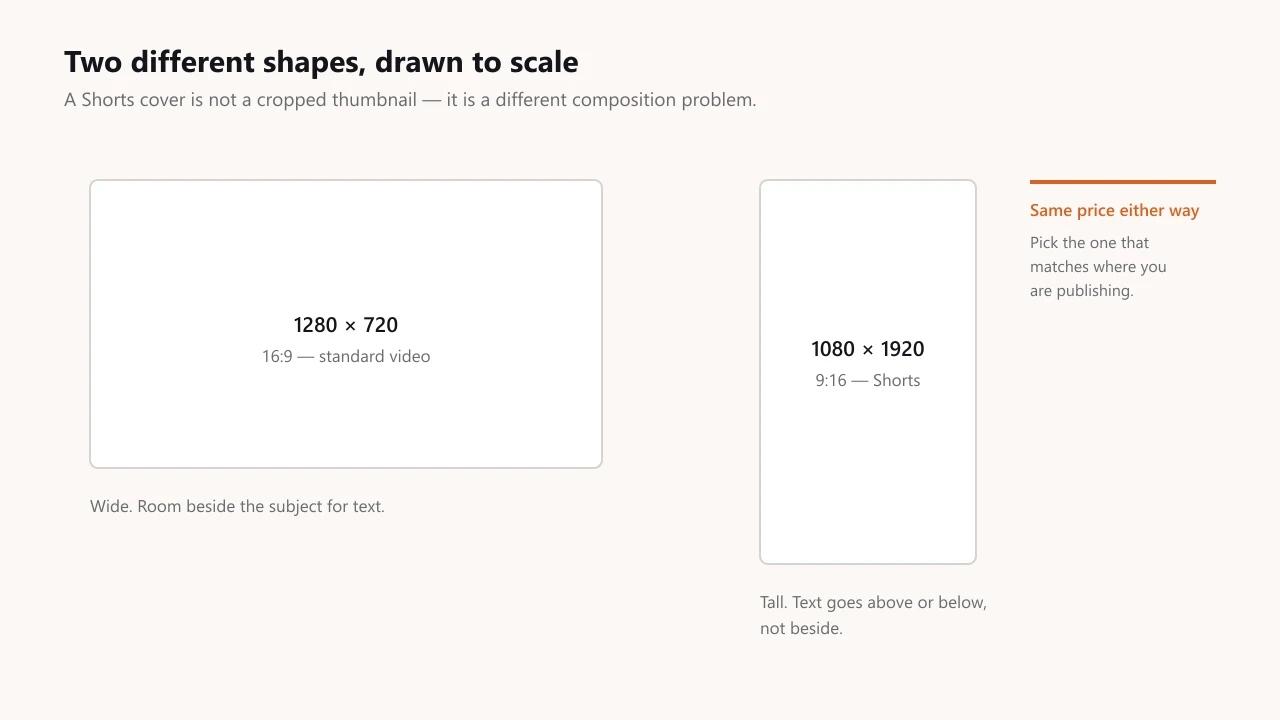 A 1280 by 720 landscape thumbnail and a 1080 by 1920 vertical Shorts cover drawn side by side to scale, showing that the wide format leaves room for text beside the subject while the tall format needs text above or below
