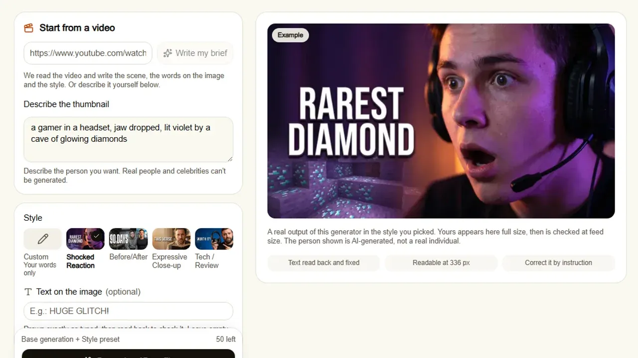 ThumbnailMaker's Create screen with a video link field, a one-line description and a real output beside it