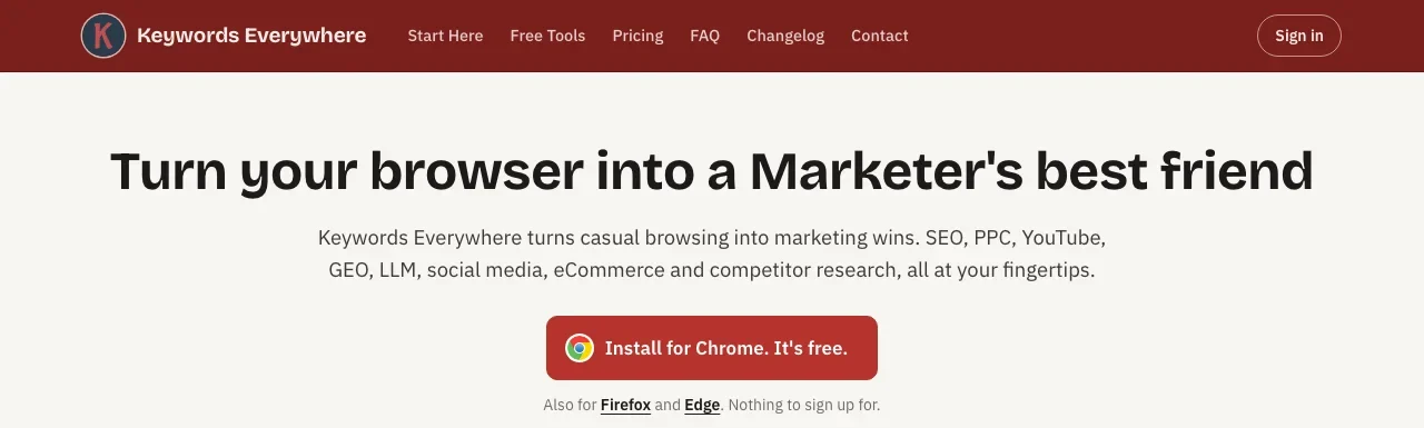 Keywords Everywhere's homepage, a free browser extension for keyword research on YouTube and other sites