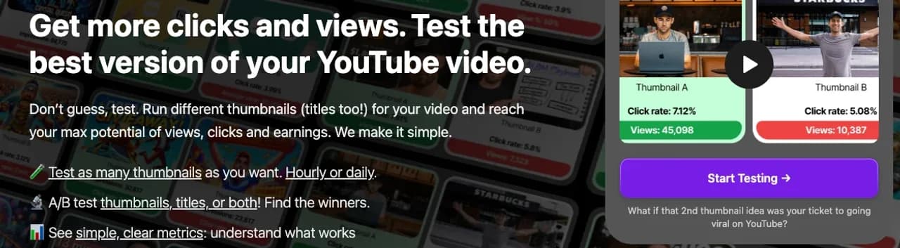 ThumbnailTest's homepage: test thumbnails and titles hourly or daily, with a two-thumbnail comparison