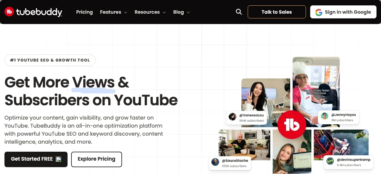 TubeBuddy's homepage, describing YouTube SEO, keyword discovery, content intelligence and analytics