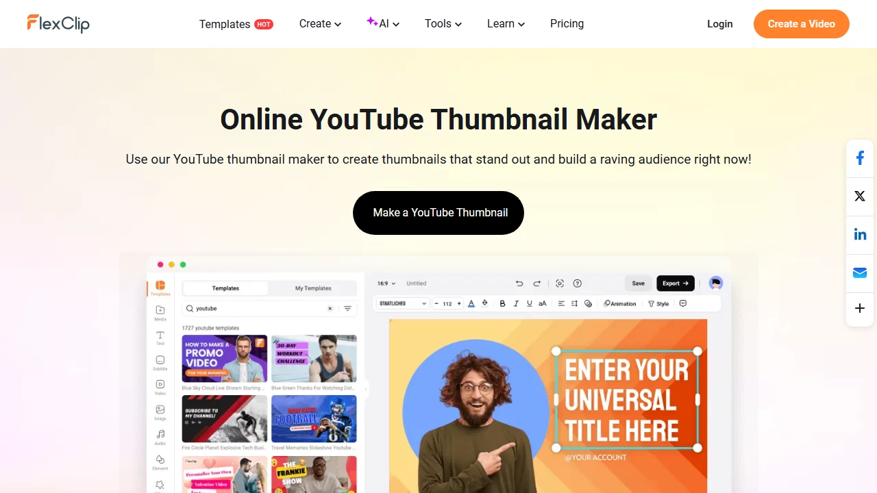 FlexClip's online YouTube thumbnail maker page with an editor preview