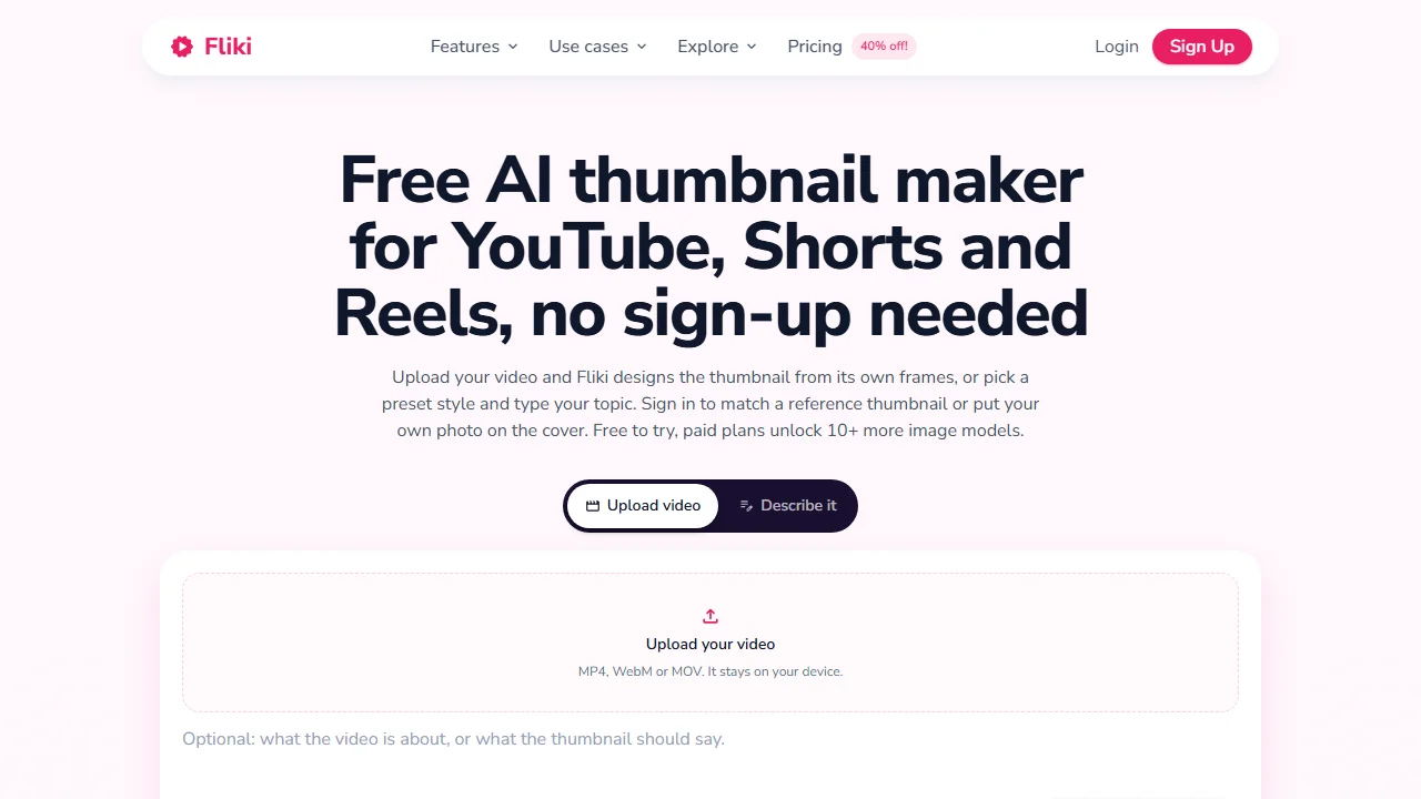 Fliki's free AI thumbnail maker page for YouTube, Shorts and Reels, which needs no sign-up