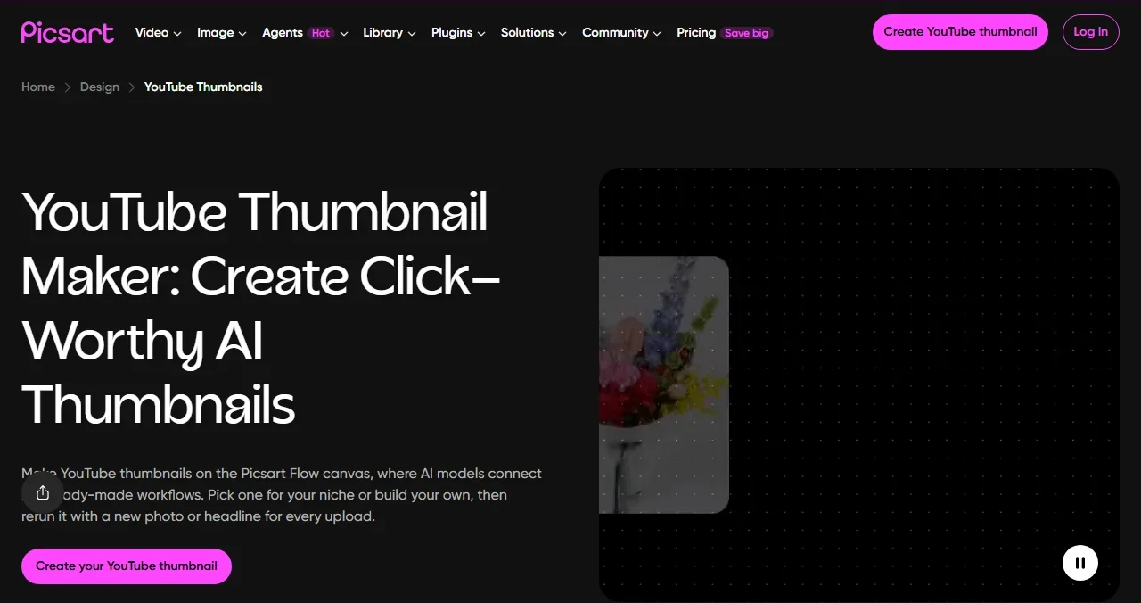 Picsart's YouTube thumbnail maker page with AI generation from a prompt