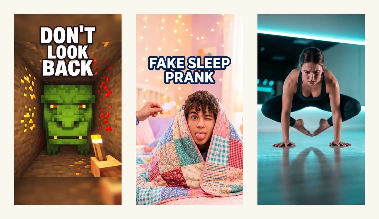 Three AI-generated Shorts covers made with ThumbnailMaker: DON'T LOOK BACK, FAKE SLEEP PRANK and a frog-stand with no text