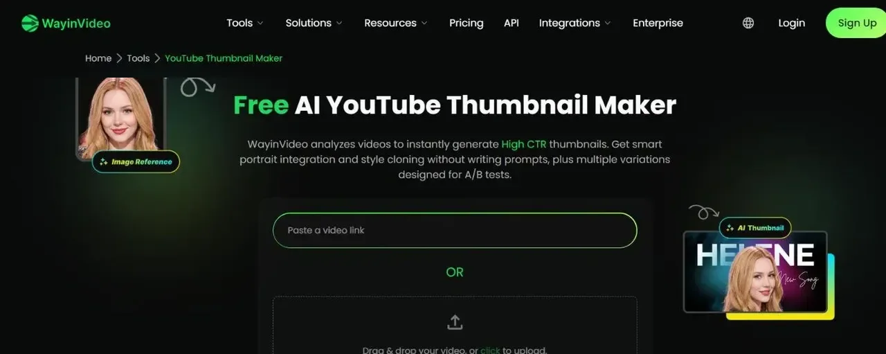 Wayin.ai's free AI YouTube thumbnail maker, asking for a video link