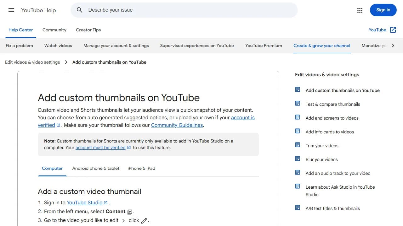 YouTube Help page on custom thumbnails, noting Shorts thumbnails can only be added in YouTube Studio on a computer