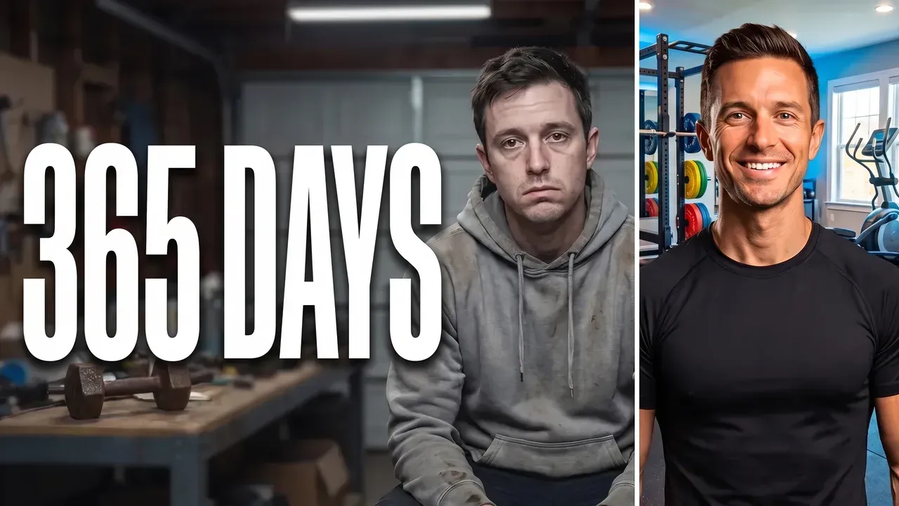 AI-generated thumbnail: a tired man in a dusty hoodie in a garage beside the same man smiling in a home gym, with 365 DAYS