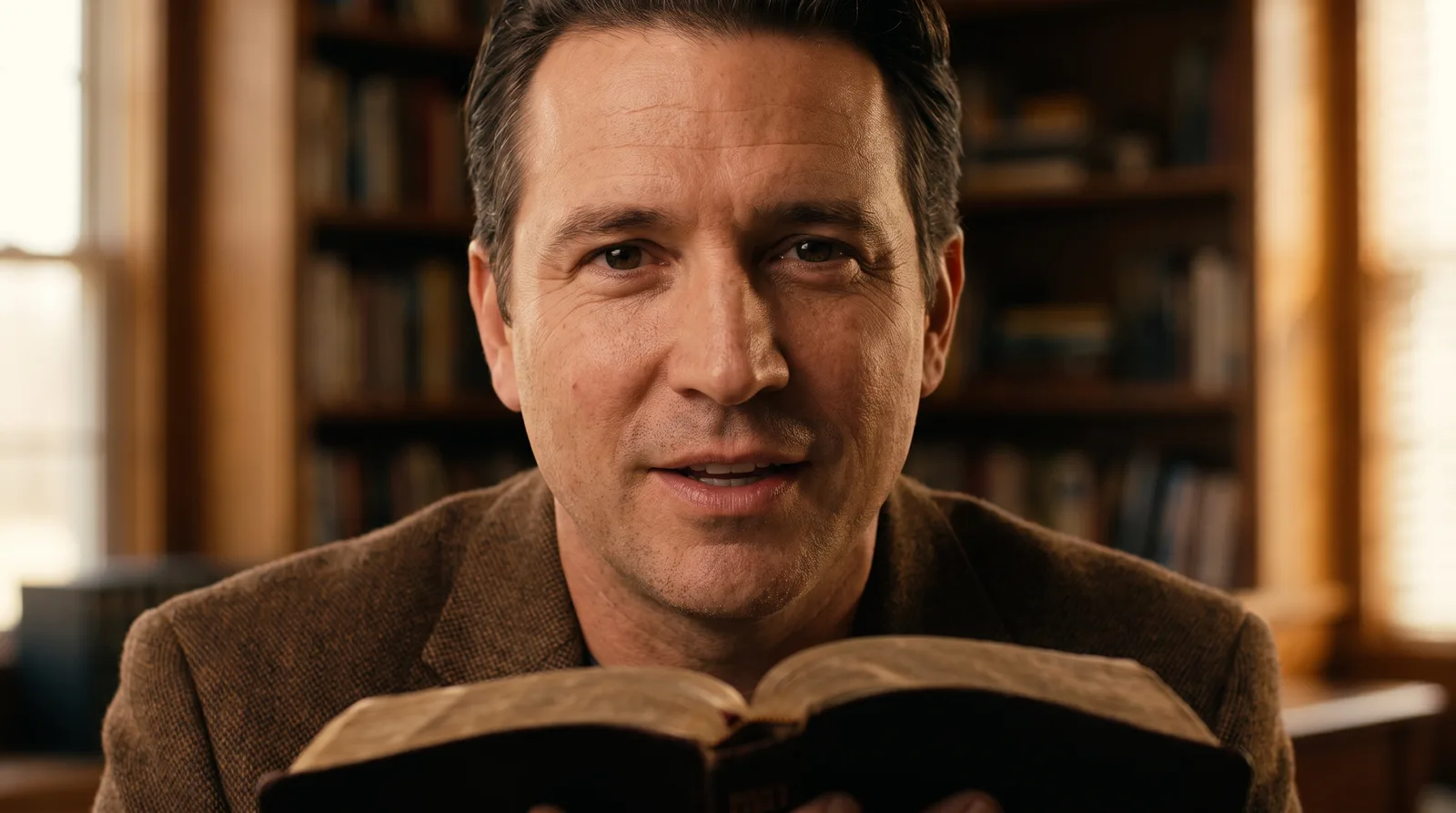 AI-generated thumbnail: a man in a tweed jacket holds an open Bible and speaks warmly to the camera in a sunlit study lined with bookshelves