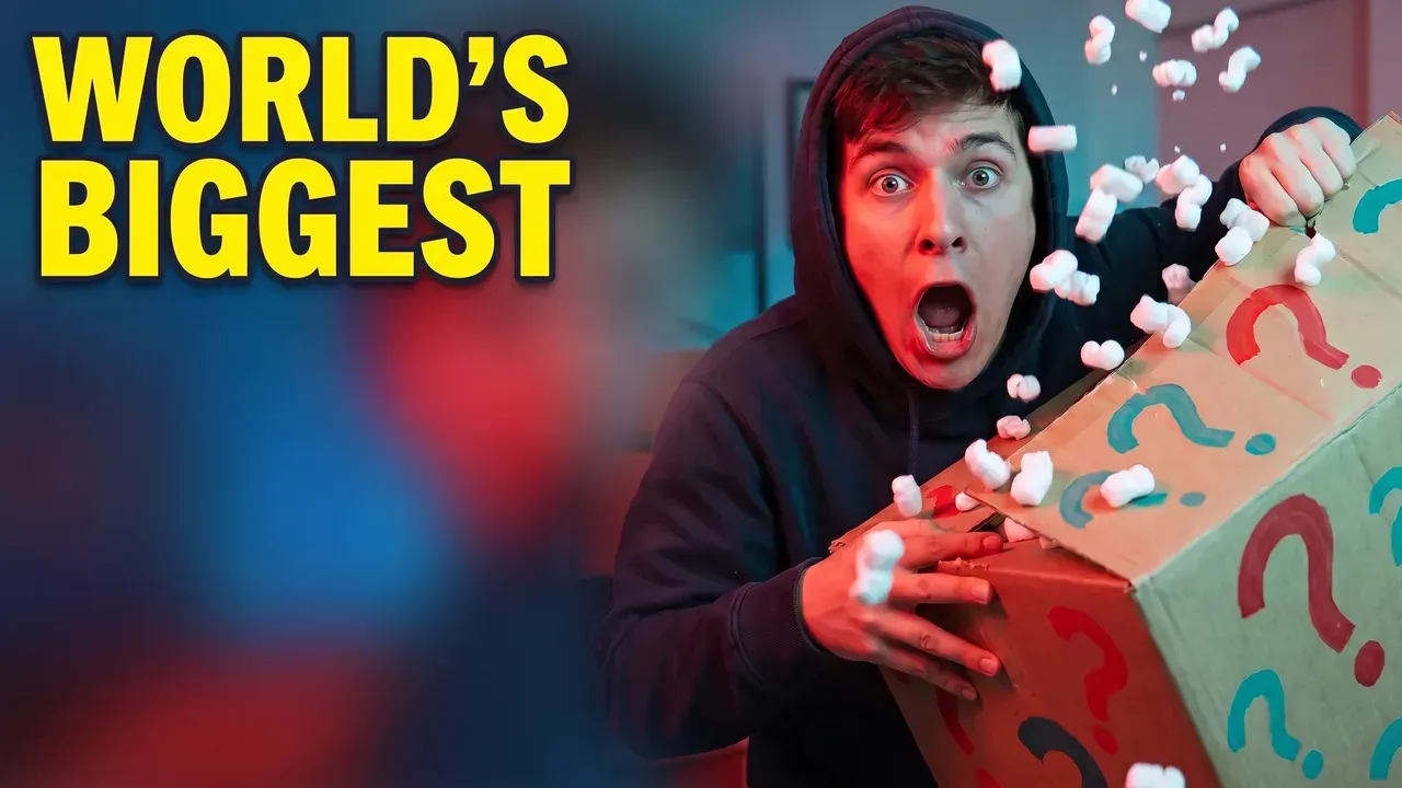 AI-generated thumbnail: a hooded creator gasps as packing peanuts burst from a question-mark box, with the words WORLD'S BIGGEST