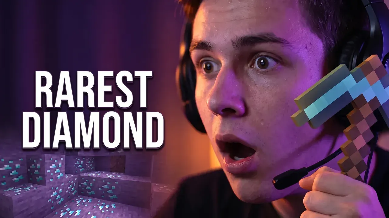 AI-generated thumbnail: a gamer in a headset gapes beside a diamond pickaxe in a violet cave, with RAREST DIAMOND