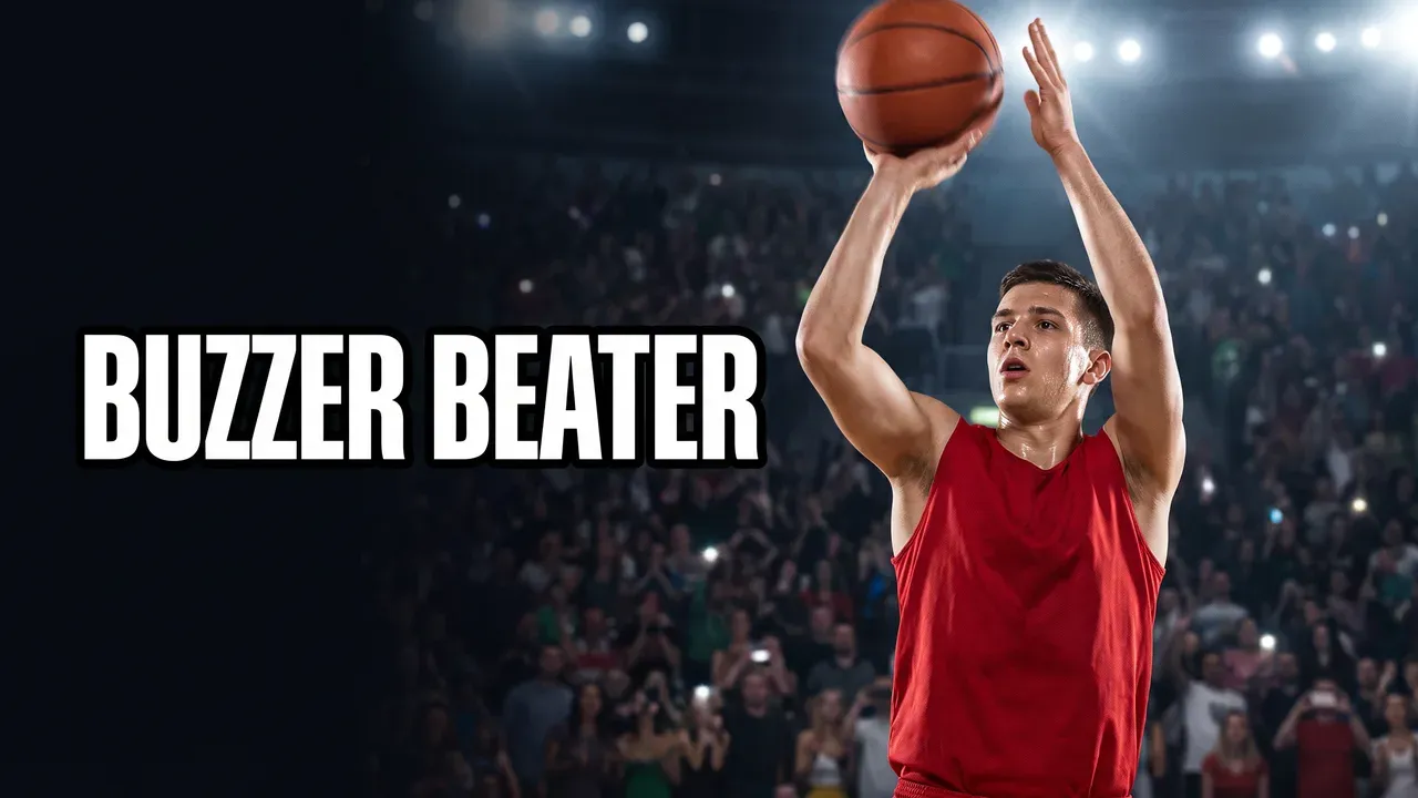 AI-generated thumbnail: a player in a red jersey rises for a jump shot at the buzzer in a dark arena, words BUZZER BEATER