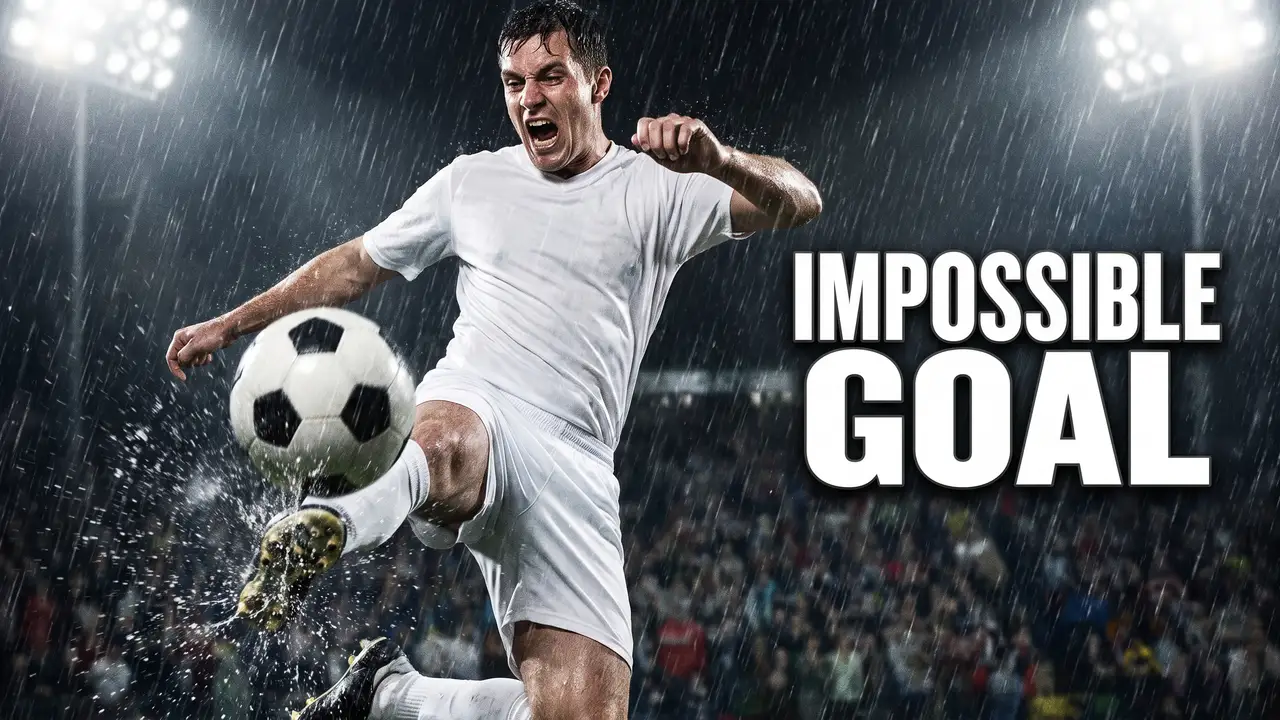 AI-generated thumbnail: a footballer in a white kit volleys the ball in heavy rain under floodlights, words IMPOSSIBLE GOAL